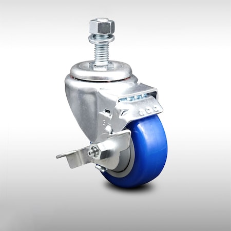 Service Caster 3 Inch SS Blue Polyurethane Swivel 12mm Threaded Stem Caster with Brake SCC SCC-SSTS20S314-PPUB-BLUE-TLB-M1215
